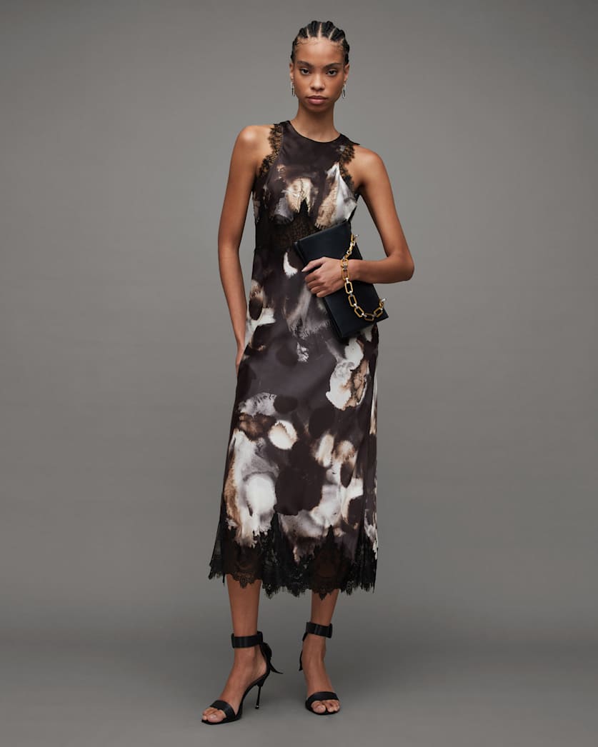 all saints Alula Mars Print Silk Blend Maxi Dress Dark Grey