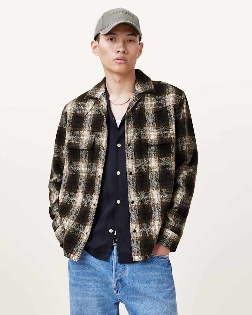 all saints Alvar Checked Western Relaxed Fit Shirt Brown