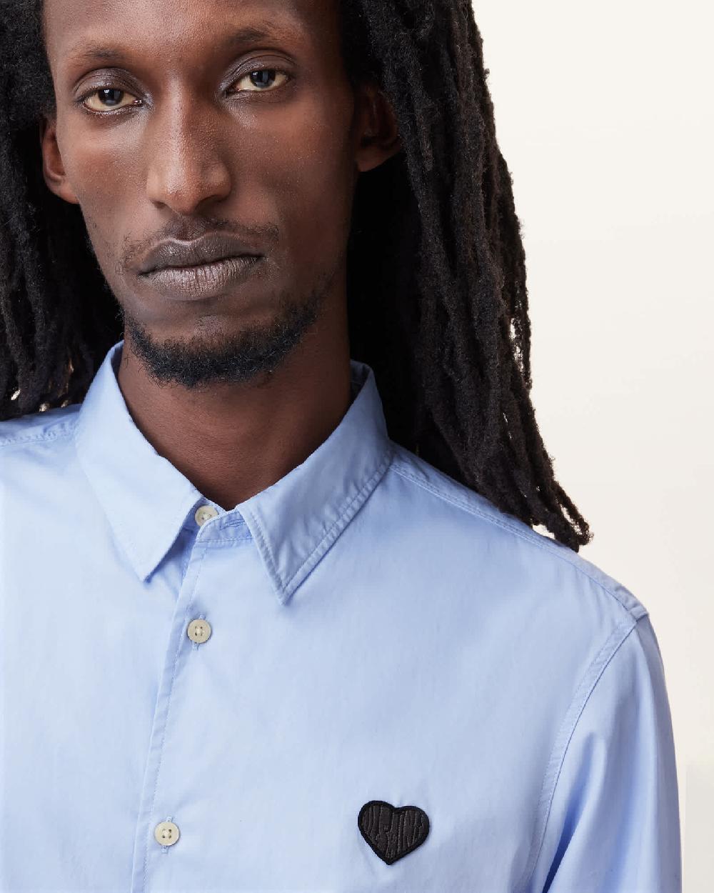 All Saints Amante Heart Embroidered Slim Fit Shirt Willow Blue