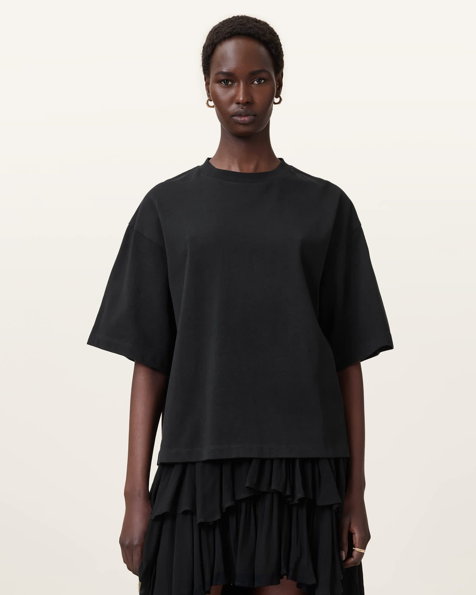 All Saints Amelie Crochet Oversized Boxy T-Shirt Black