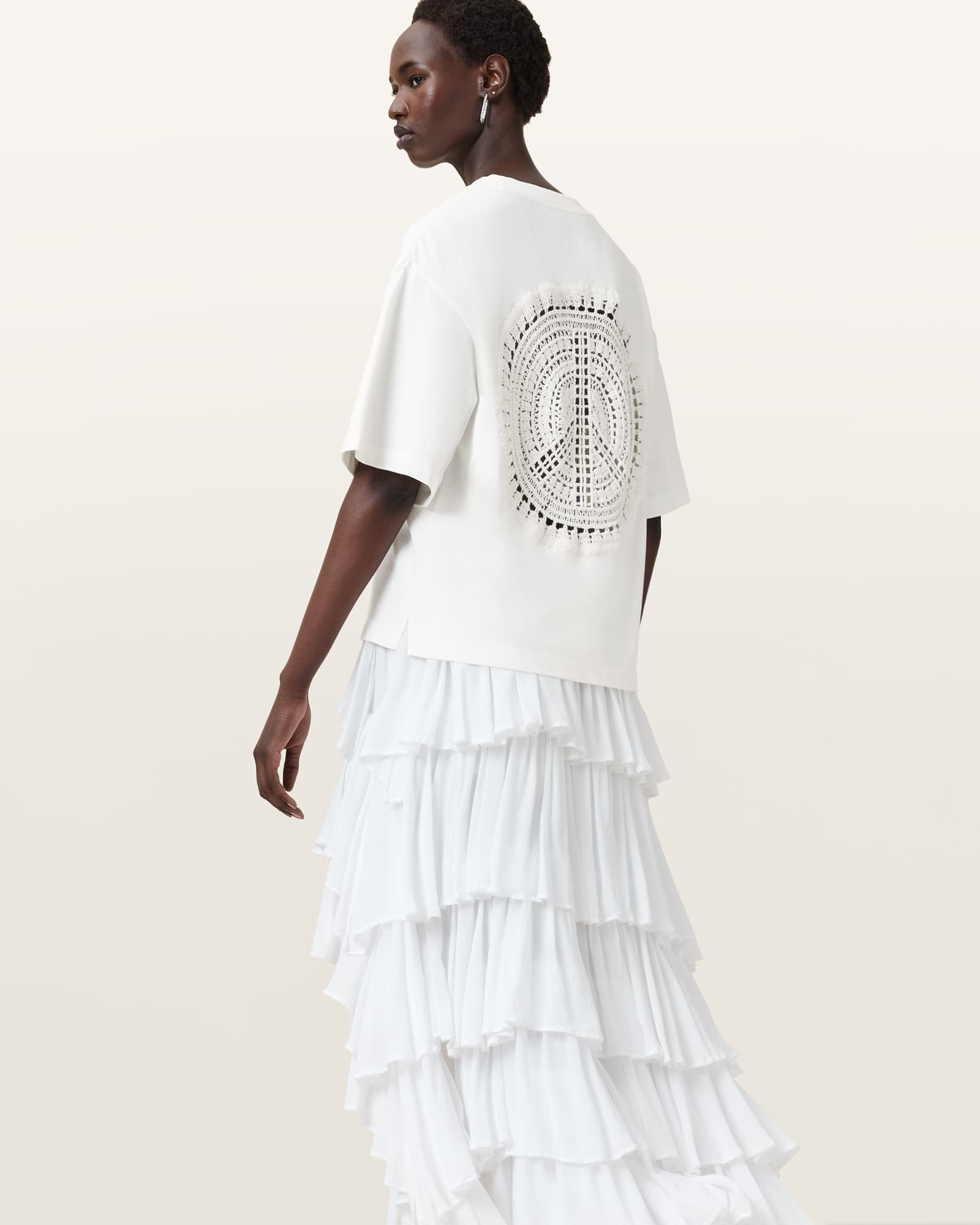 All Saints Amelie Crochet Oversized Boxy T-Shirt Ecru White