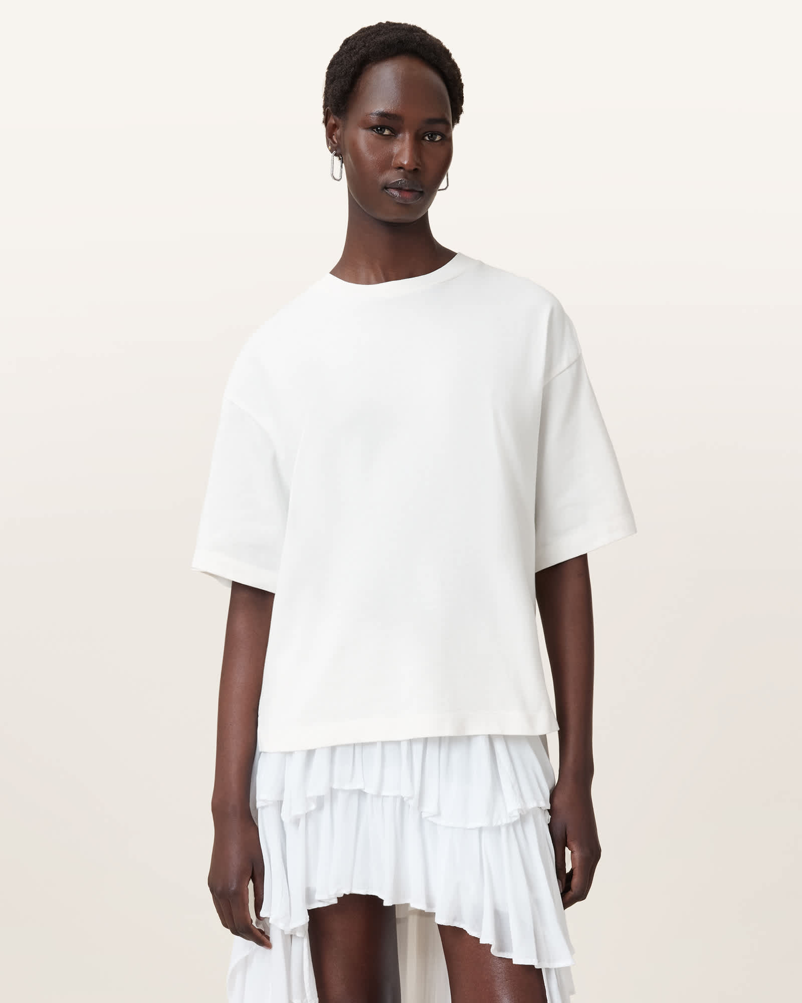 All Saints Amelie Crochet Oversized Boxy T-Shirt Ecru White