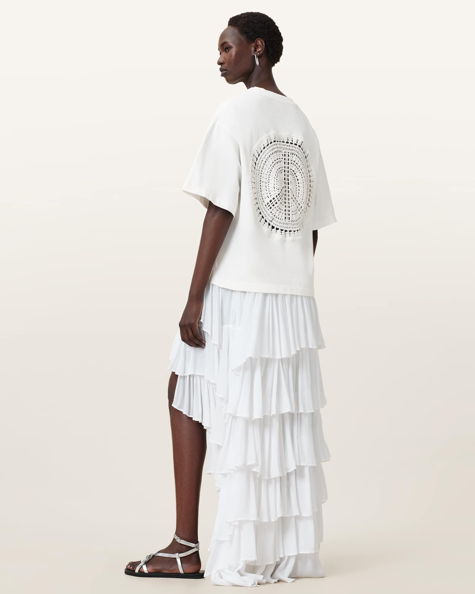 All Saints Amelie Crochet Oversized Boxy T-Shirt Ecru White