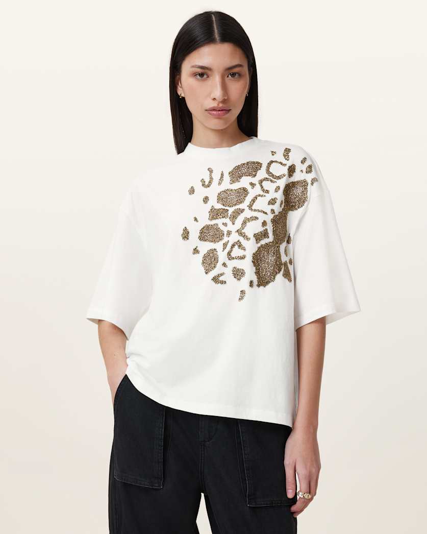 all saints Amelie Flow Embellished T-shirt Optic White