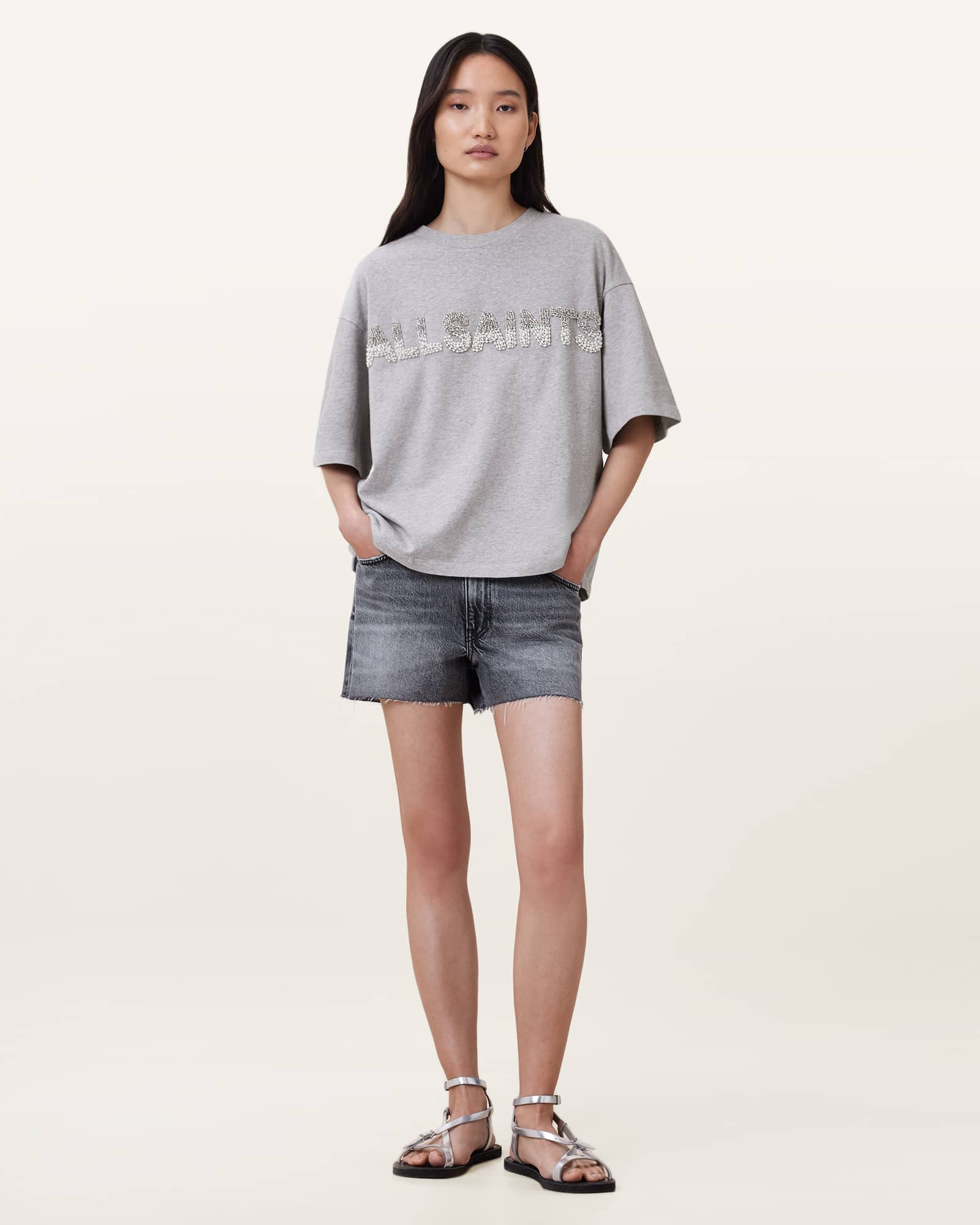 All Saints Amelie Pearl Oversized T-shirt Grey Marl