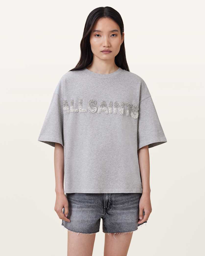 all saints Amelie Pearl Oversized T-shirt Grey Marl