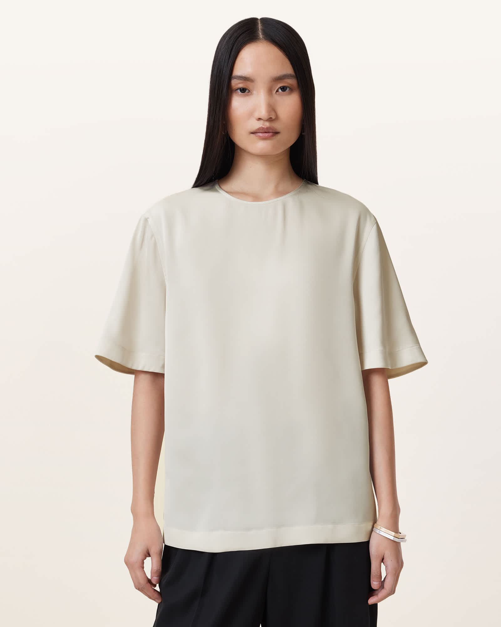 All Saints Amelie Satin Relaxed Fit T-Shirt Tofu White