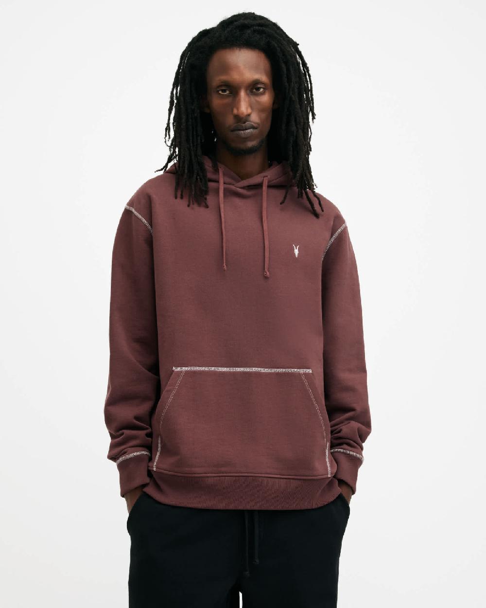 All Saints Amir Pullover Contrast Stitch Hoodie Moretti Red