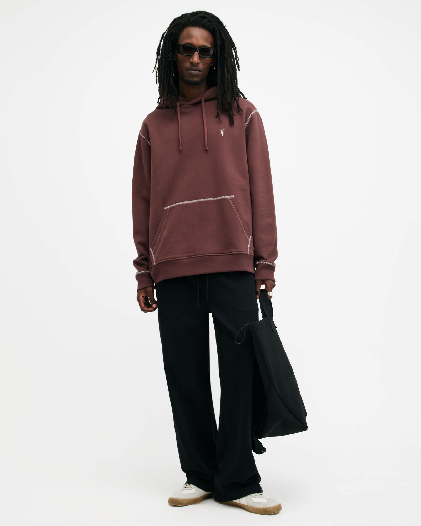 All Saints Amir Pullover Contrast Stitch Hoodie Moretti Red