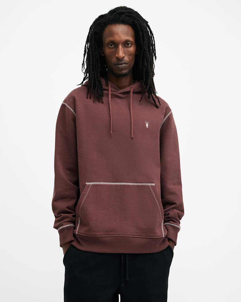 all saints Amir Pullover Contrast Stitch Hoodie Moretti Red