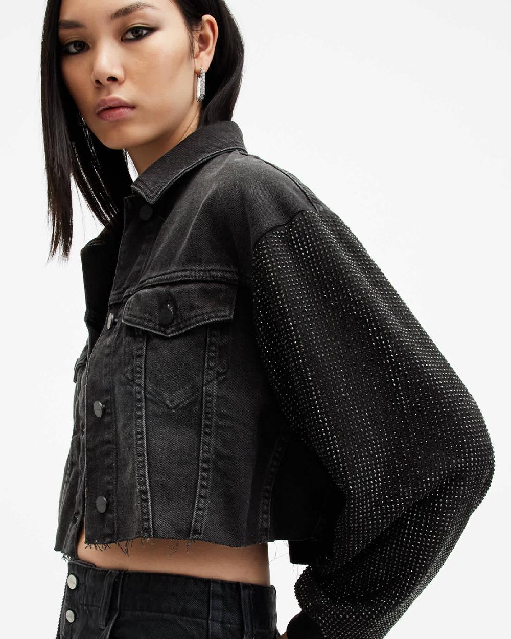 All Saints Anders Embellished Sleeve Denim Shacket Washed Black