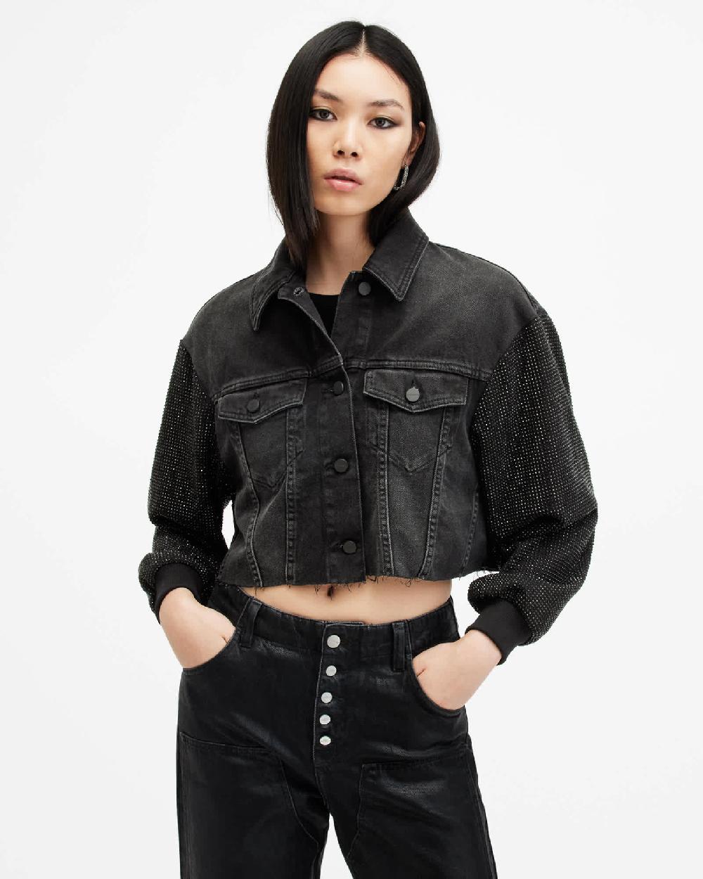 All Saints Anders Embellished Sleeve Denim Shacket Washed Black