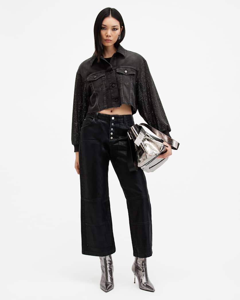 all saints Anders Embellished Sleeve Denim Shacket Washed Black