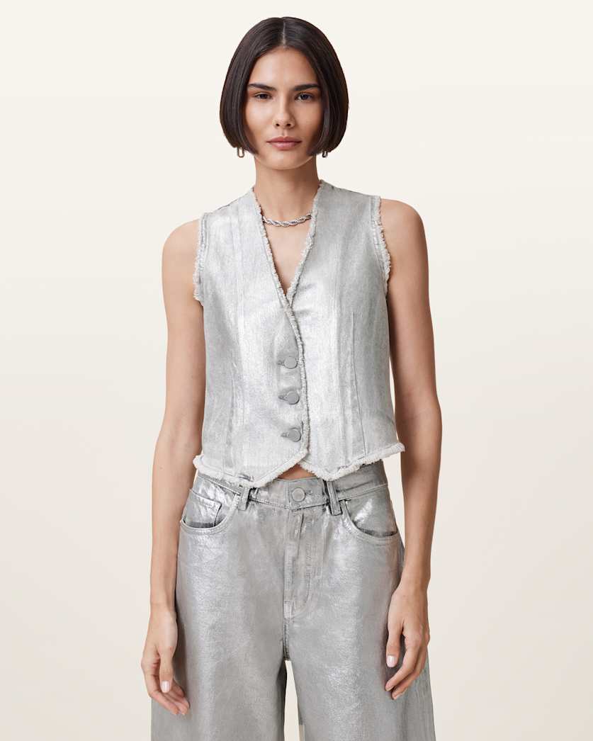 all saints Andrea Metallic Silver Vest Metallic Silver