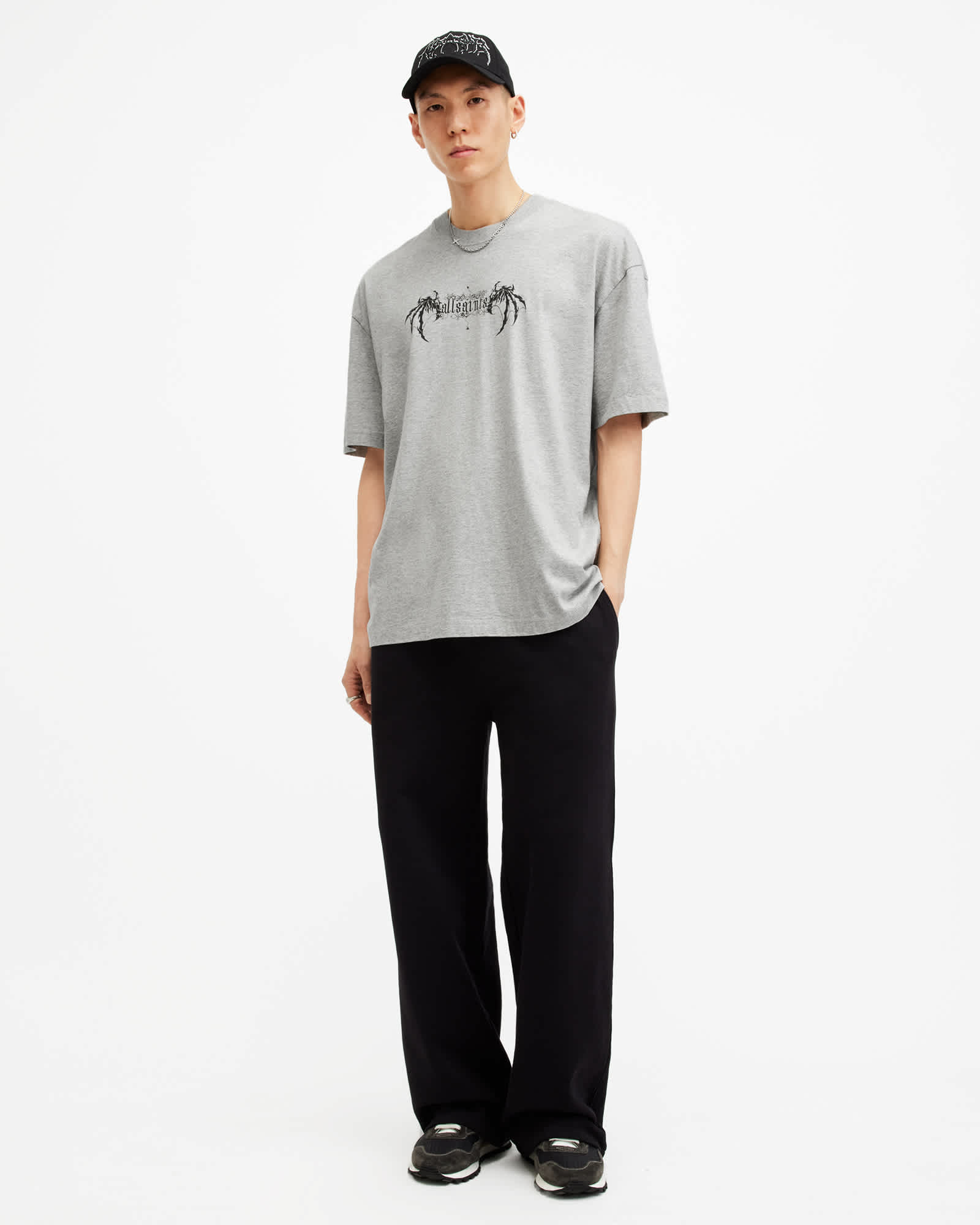 All Saints Angelic Oversized Gothic Logo T-Shirt Grey Marl