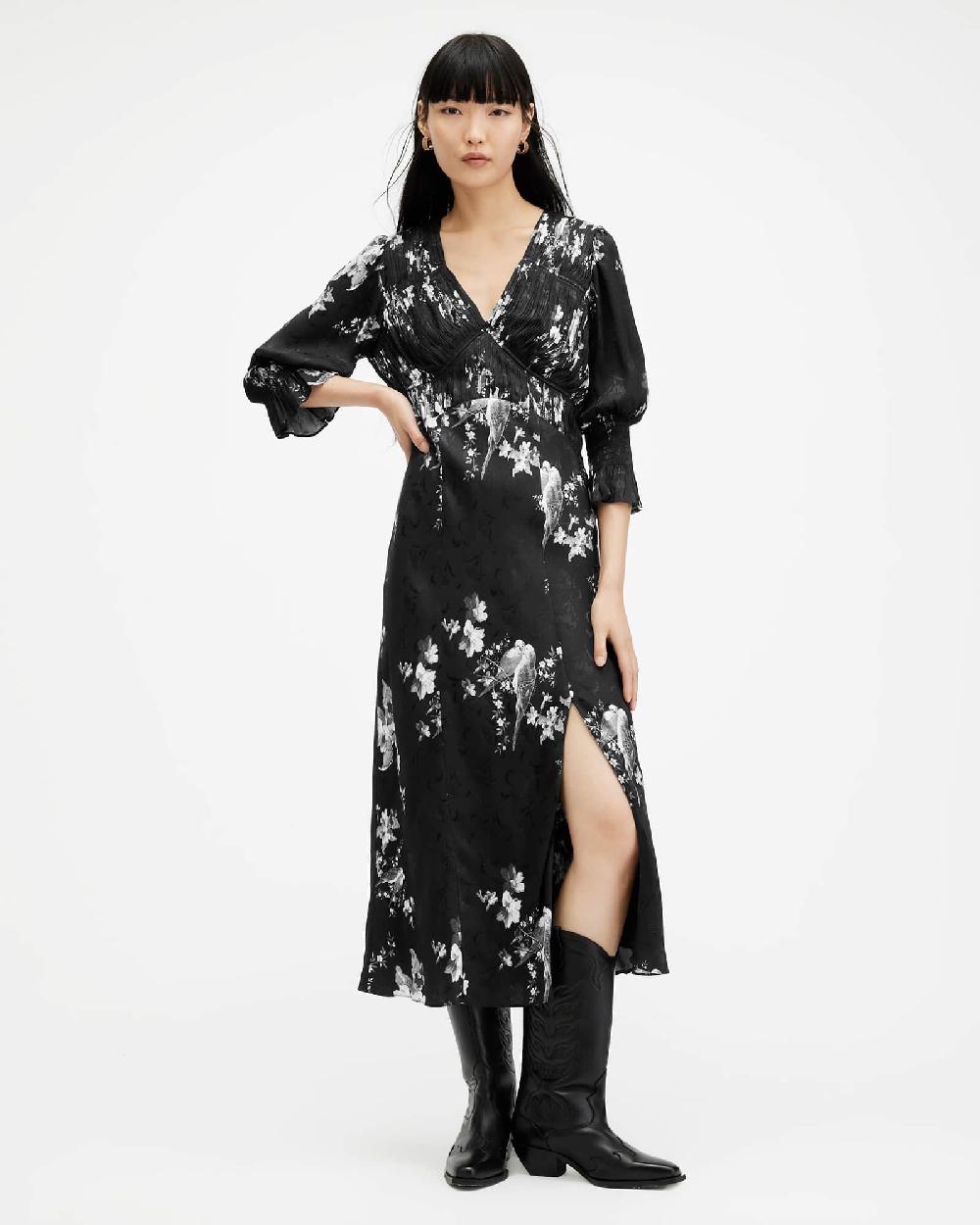 All Saints Ani Iona Jacquard V-Neck Midi Dress Black