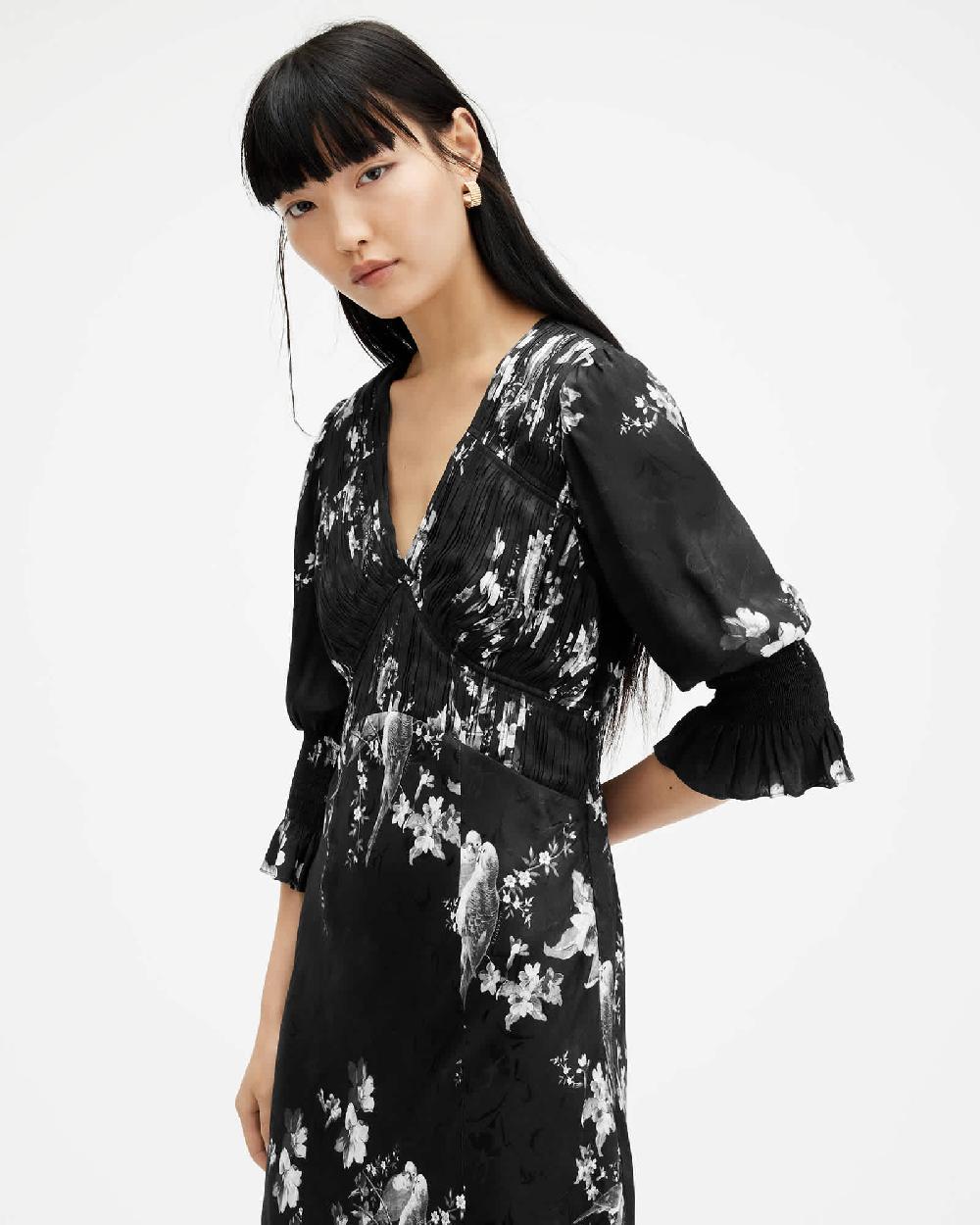 All Saints Ani Iona Jacquard V-Neck Midi Dress Black
