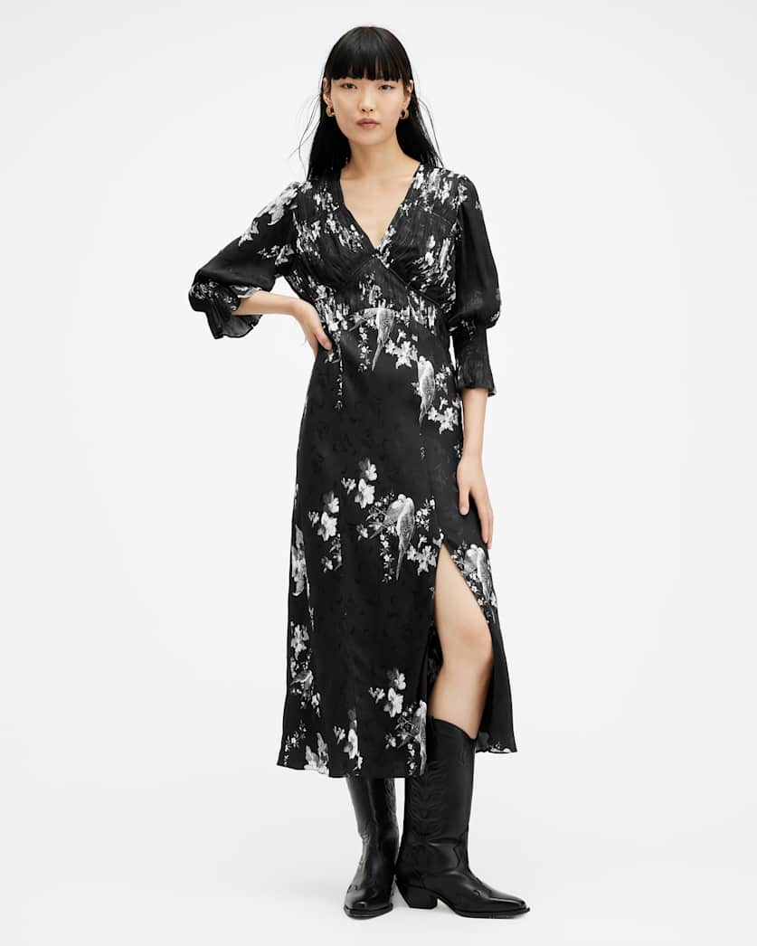 all saints Ani Iona Jacquard V-Neck Midi Dress Black