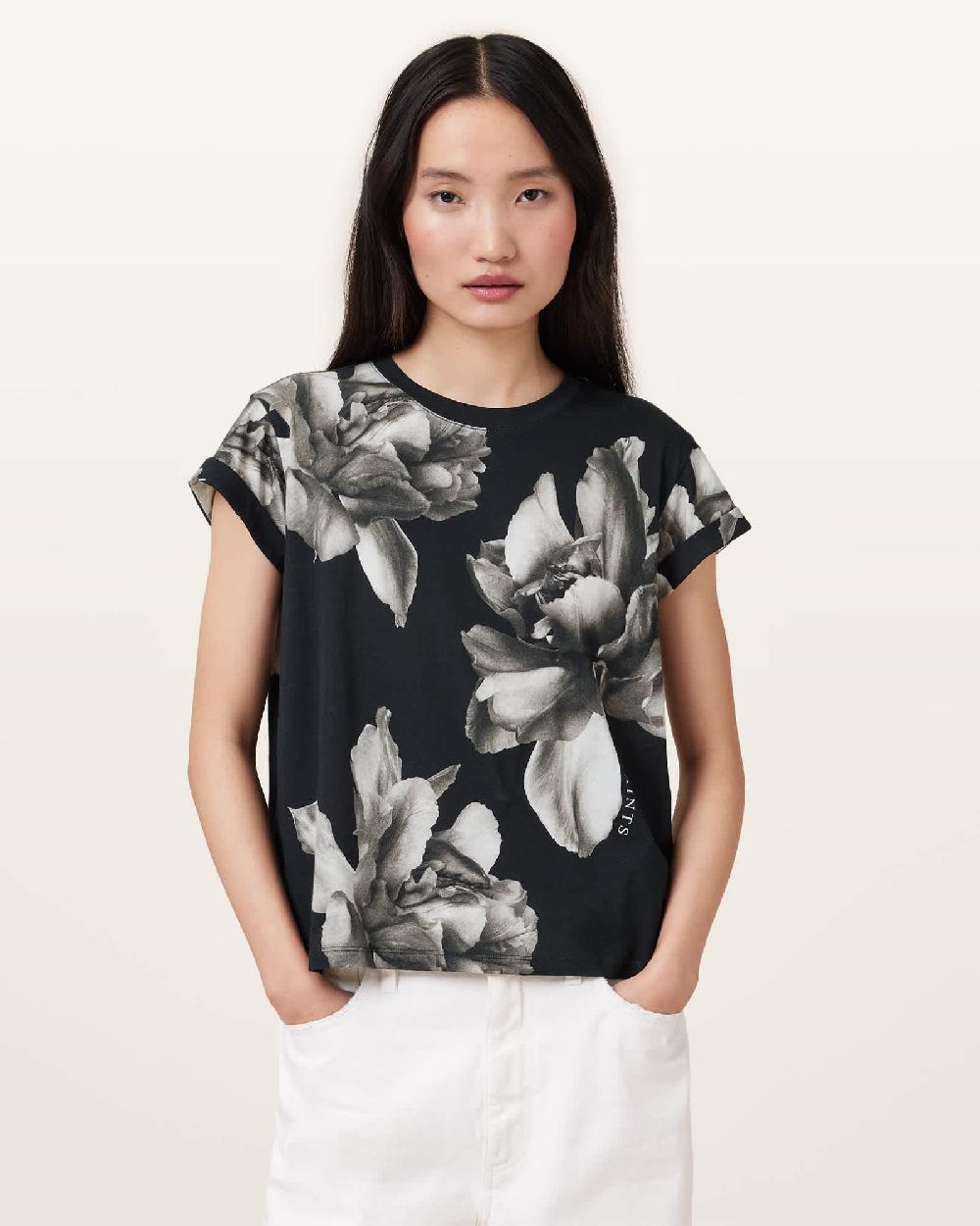 All Saints Anna Floral Print Short Sleeve T-Shirt Ione Black