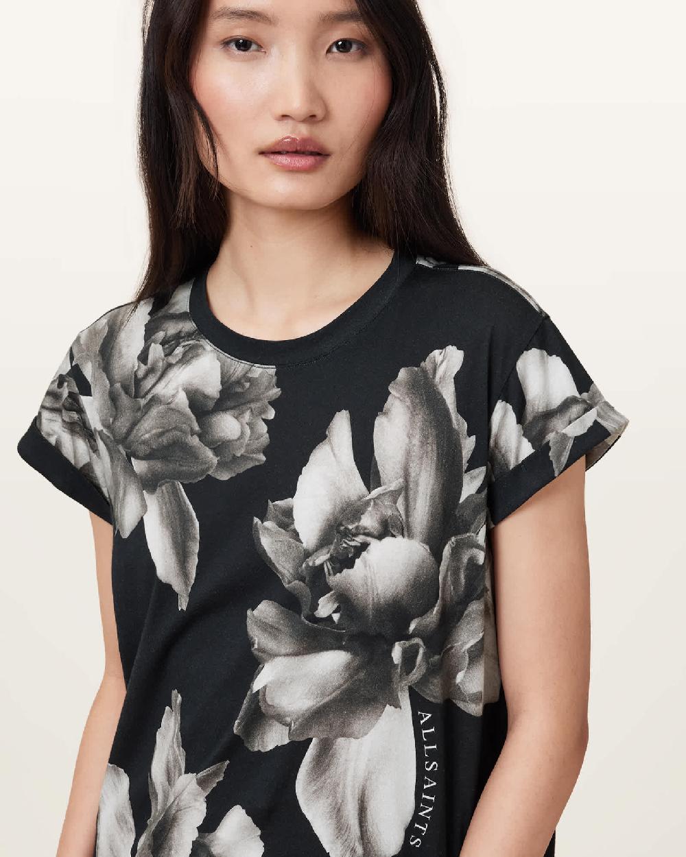 All Saints Anna Floral Print Short Sleeve T-Shirt Ione Black