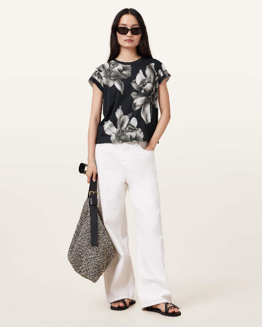 All Saints Anna Floral Print Short Sleeve T-Shirt Ione Black