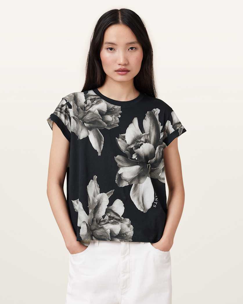 all saints Anna Floral Print Short Sleeve T-Shirt Ione Black