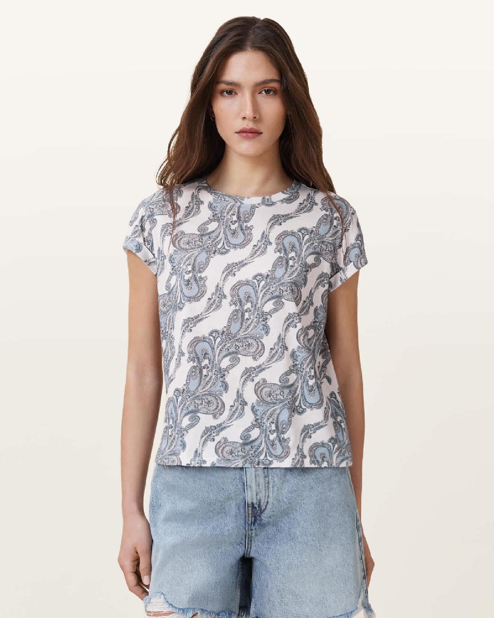 All Saints Anna Print Crew Neck T-Shirt Lita Soft Blue