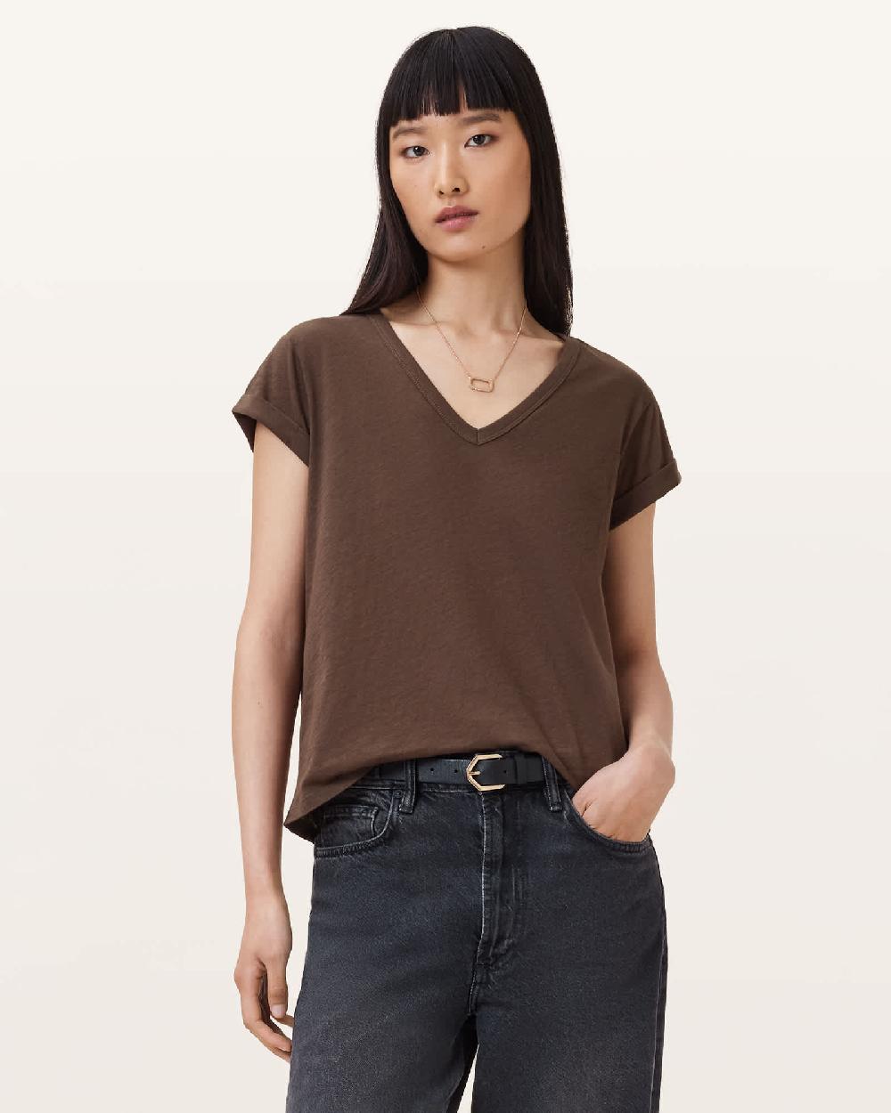 All Saints Anna V-Neck Short Sleeve T-Shirt Bitter Brown