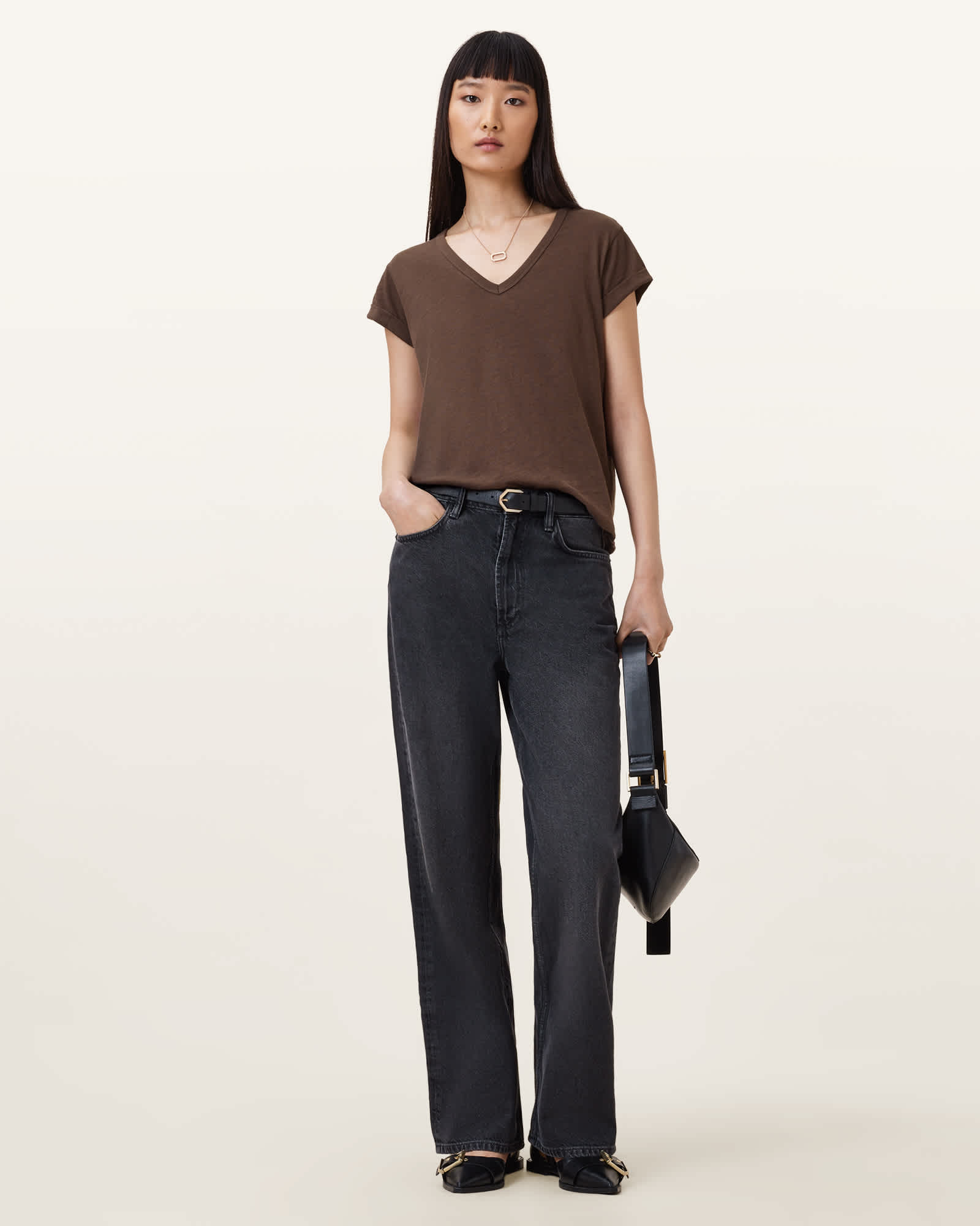 All Saints Anna V-Neck Short Sleeve T-Shirt Bitter Brown