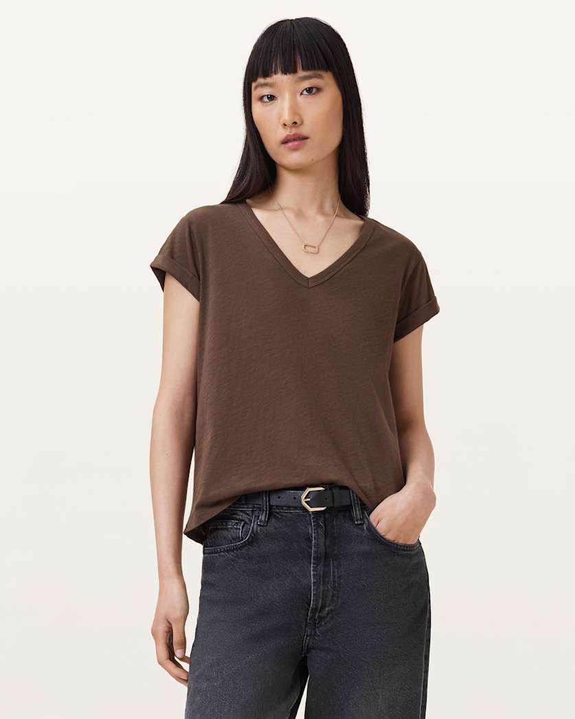 all saints Anna V-Neck Short Sleeve T-Shirt Bitter Brown