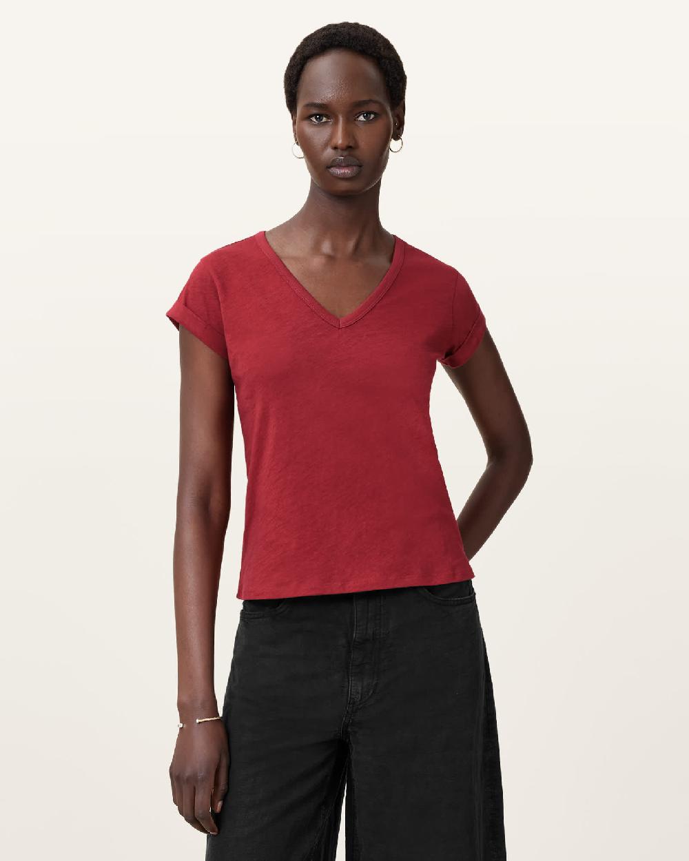 All Saints Anna V-Neck Short Sleeve T-Shirt Burnt Brick Red