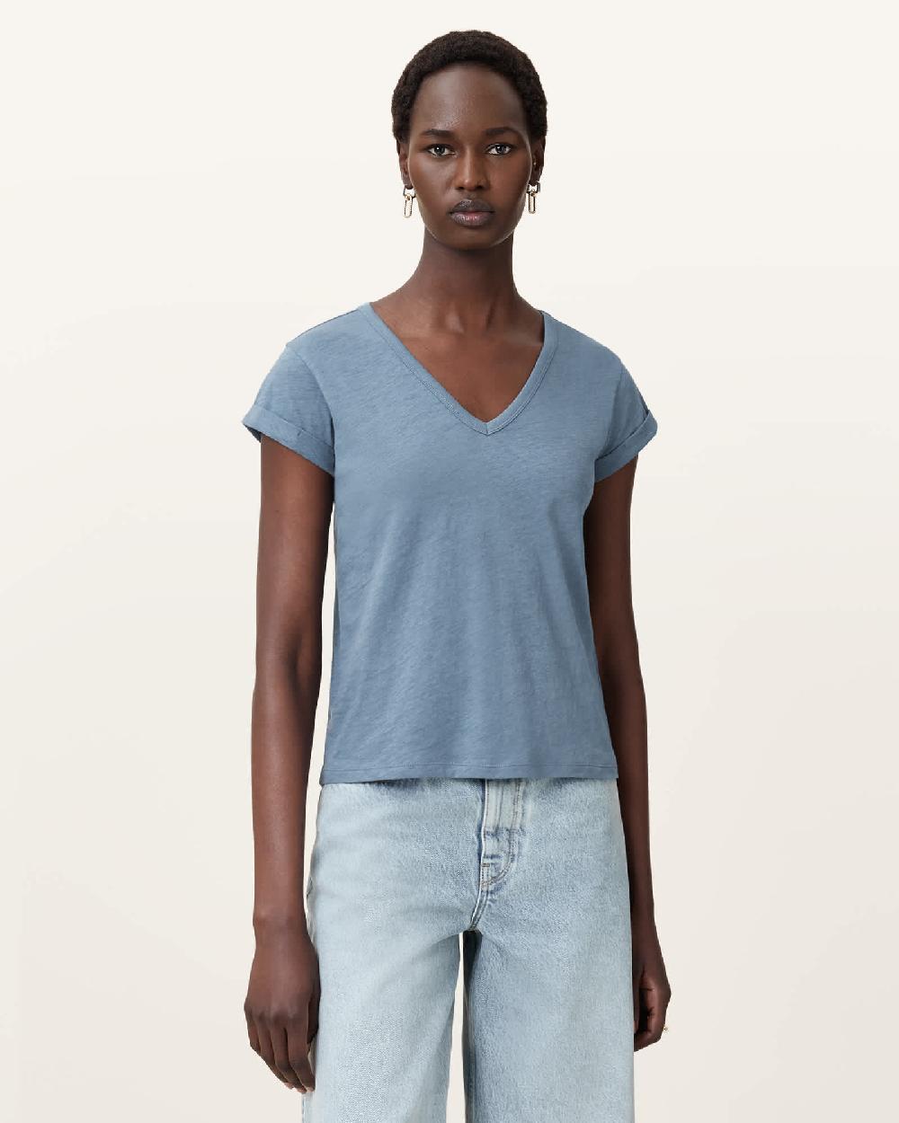 All Saints Anna V-Neck Short Sleeve T-Shirt Flint Stone Blue
