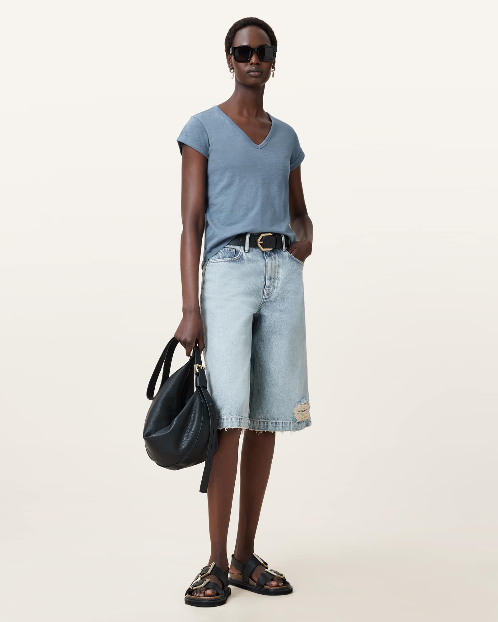 All Saints Anna V-Neck Short Sleeve T-Shirt Flint Stone Blue