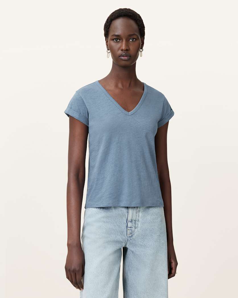 all saints Anna V-Neck Short Sleeve T-Shirt Flint Stone Blue