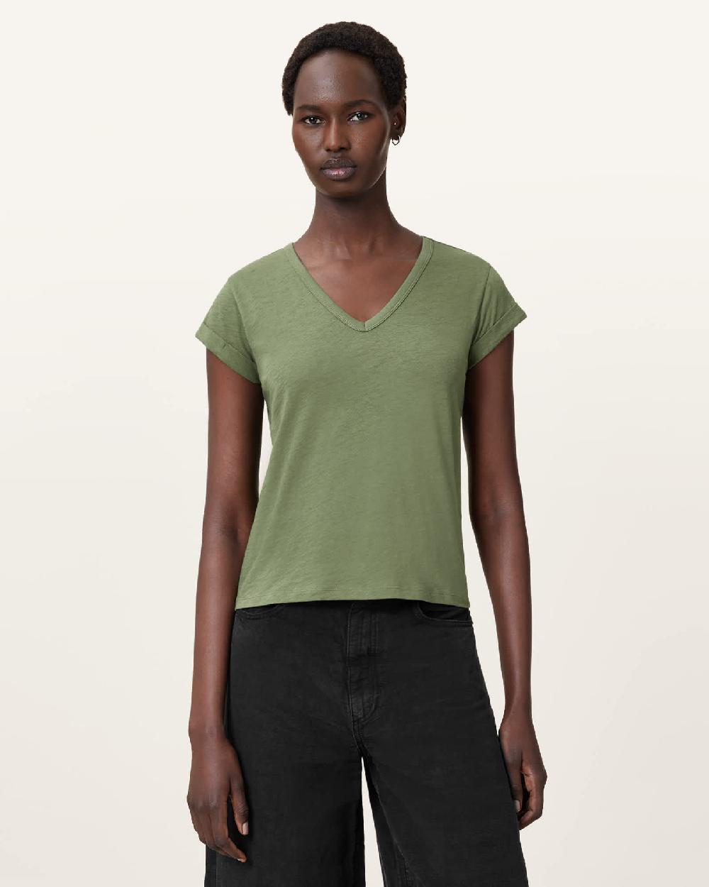 All Saints Anna V-Neck Short Sleeve T-Shirt Grass Green