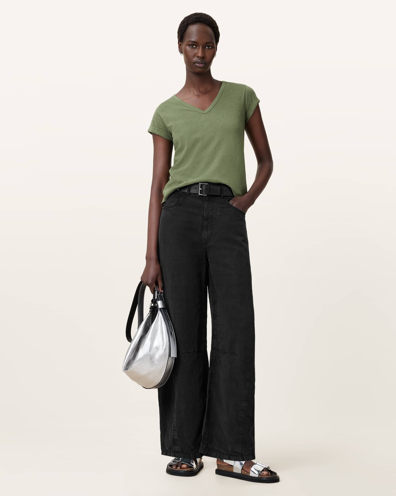 All Saints Anna V-Neck Short Sleeve T-Shirt Grass Green