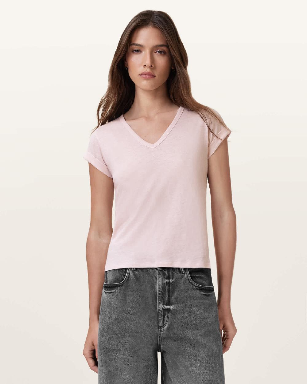 All Saints Anna V-Neck Short Sleeve T-Shirt Mauve Chalk Pink