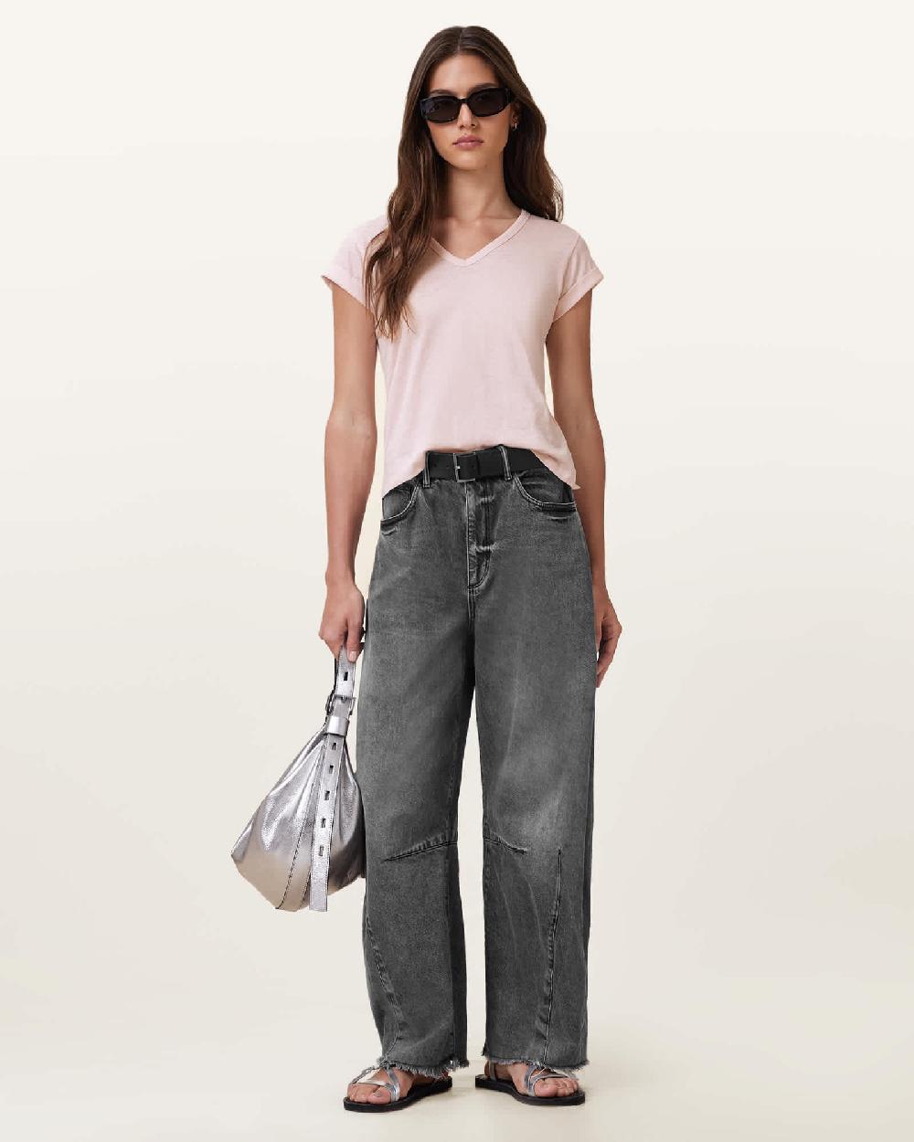 All Saints Anna V-Neck Short Sleeve T-Shirt Mauve Chalk Pink