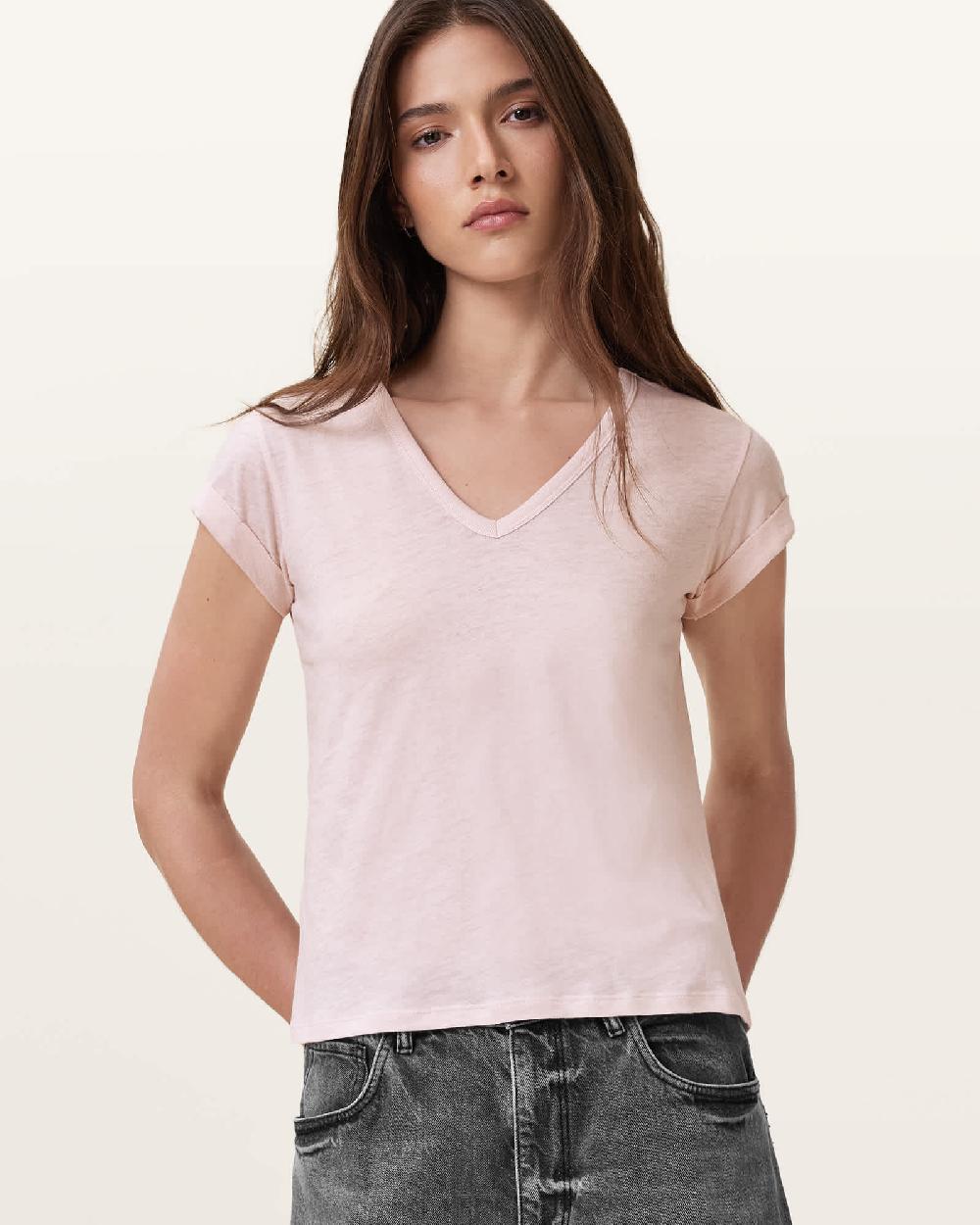 All Saints Anna V-Neck Short Sleeve T-Shirt Mauve Chalk Pink