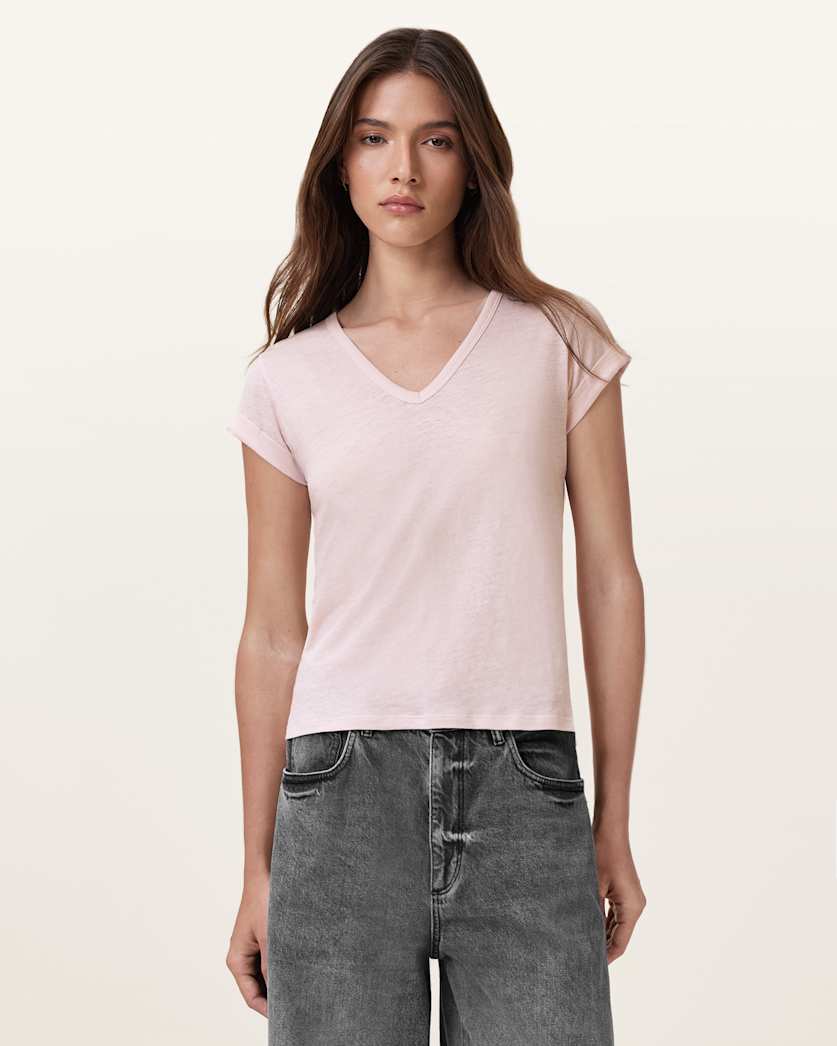 all saints Anna V-Neck Short Sleeve T-Shirt Mauve Chalk Pink