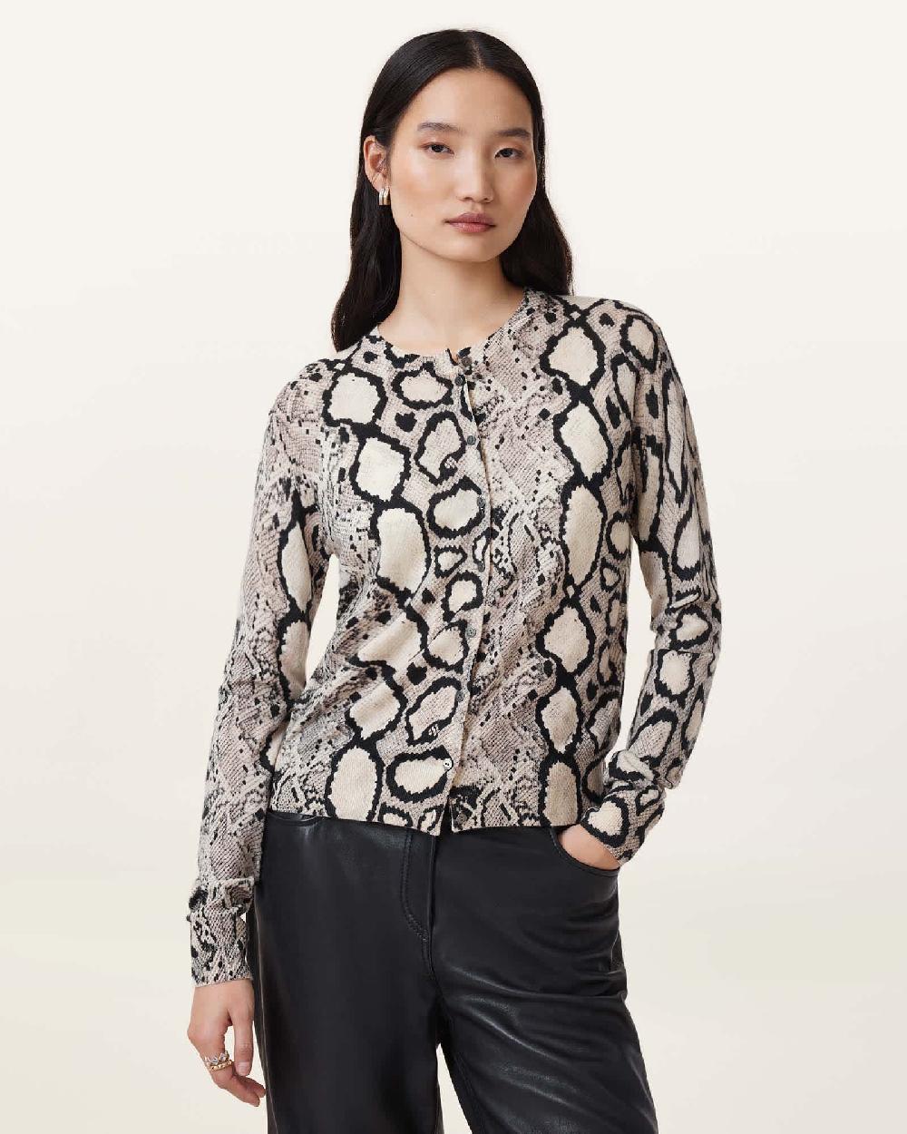 All Saints Anouk Snake Print Merino Wool Cardigan Flow Ecru White
