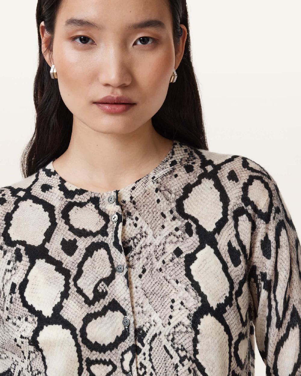 All Saints Anouk Snake Print Merino Wool Cardigan Flow Ecru White