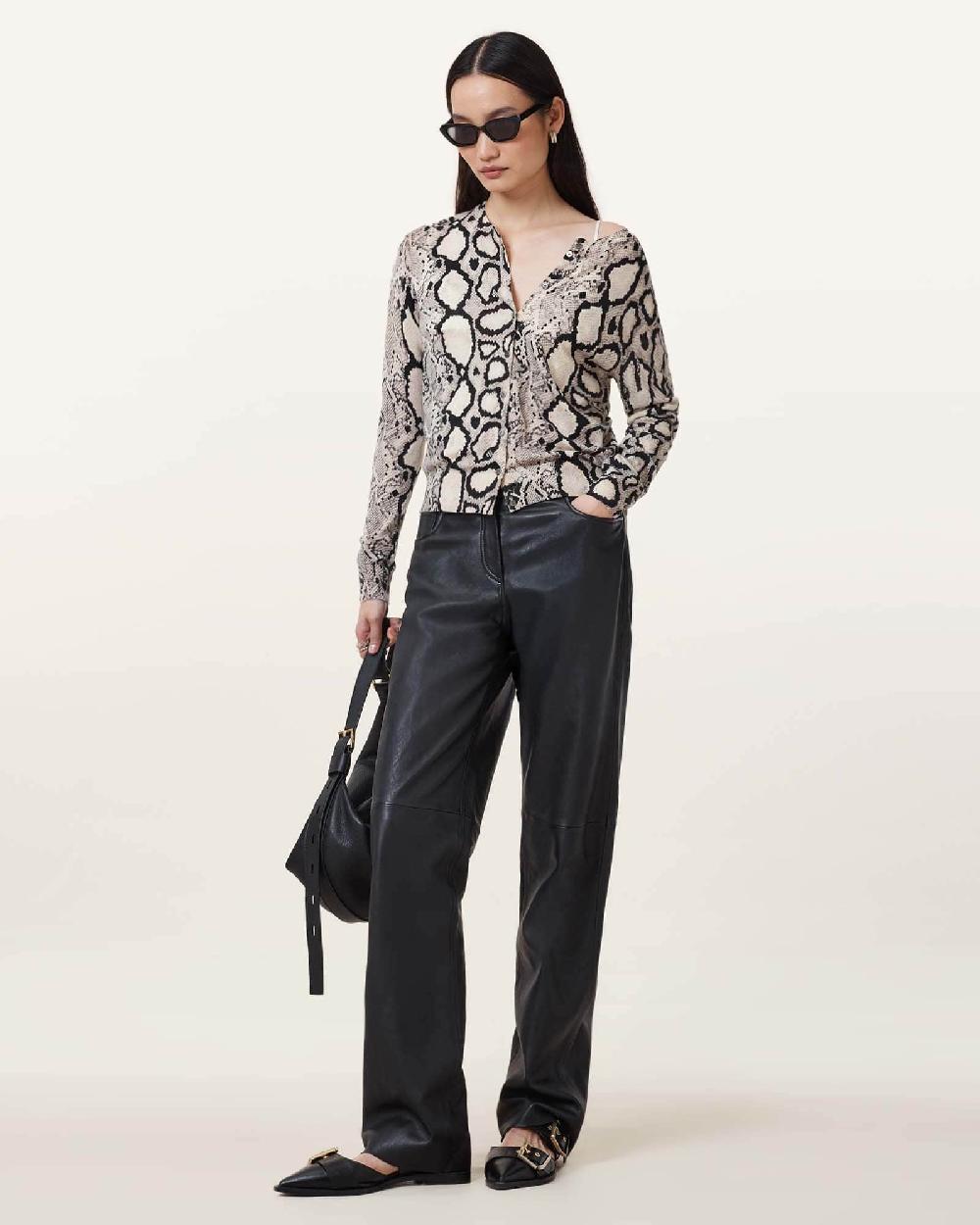 All Saints Anouk Snake Print Merino Wool Cardigan Flow Ecru White