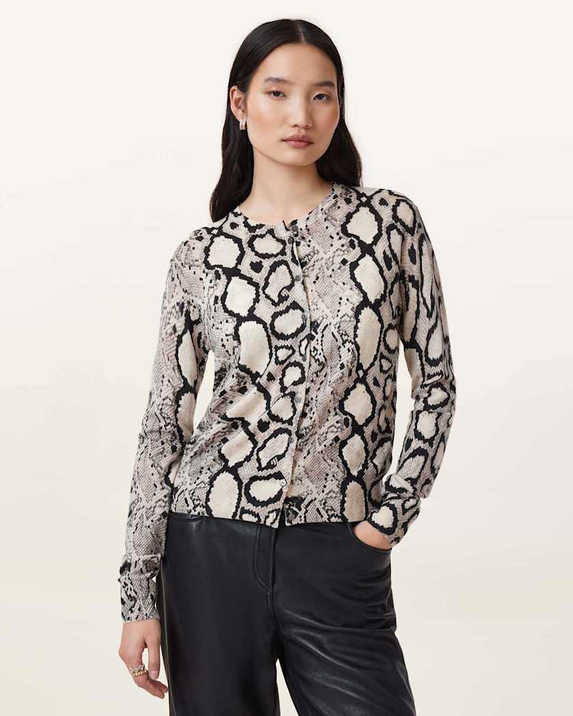 all saints Anouk Snake Print Merino Wool Cardigan Flow Ecru White