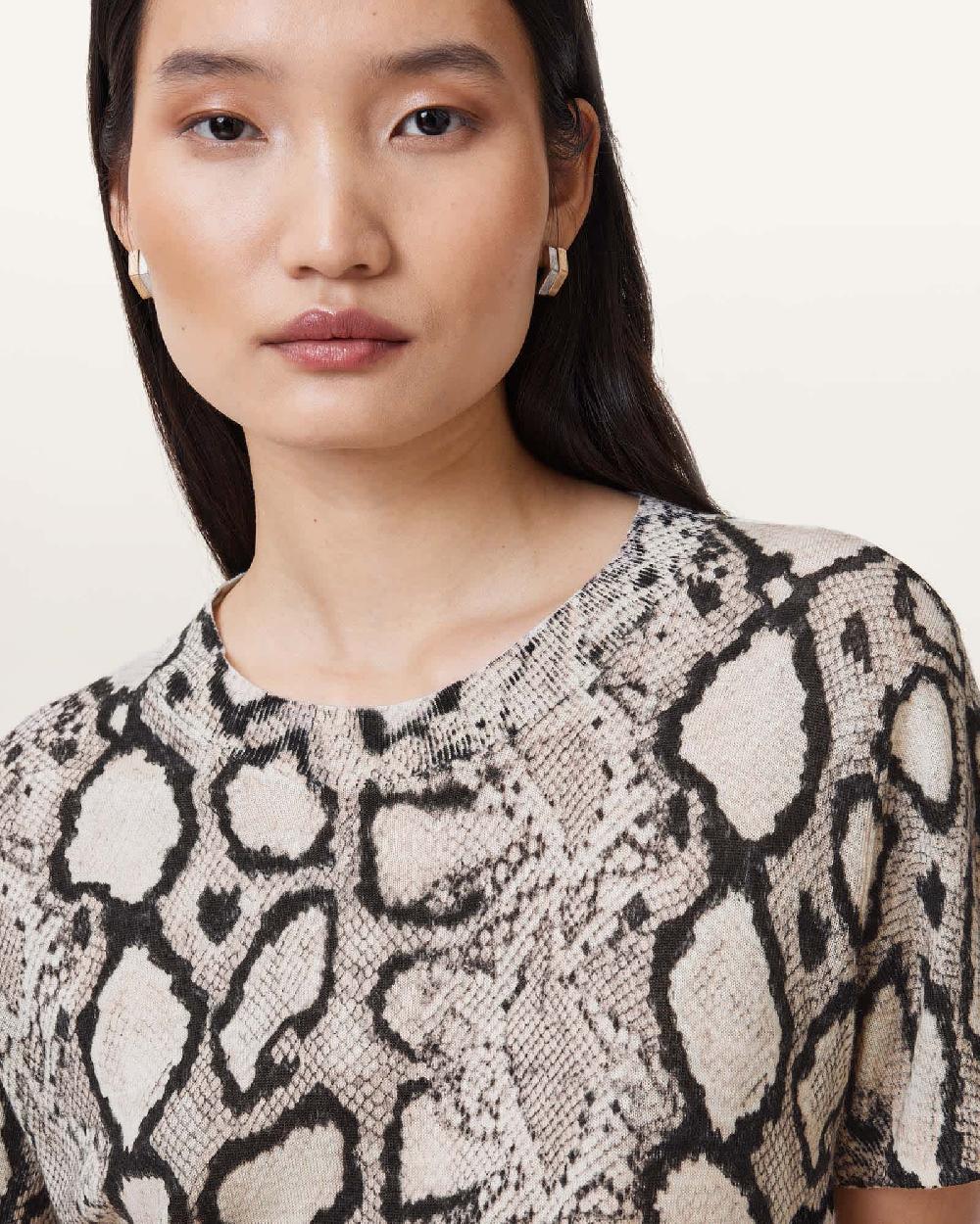 All Saints Anouk Snake Print Merino Wool T-Shirt Flow Ecru White