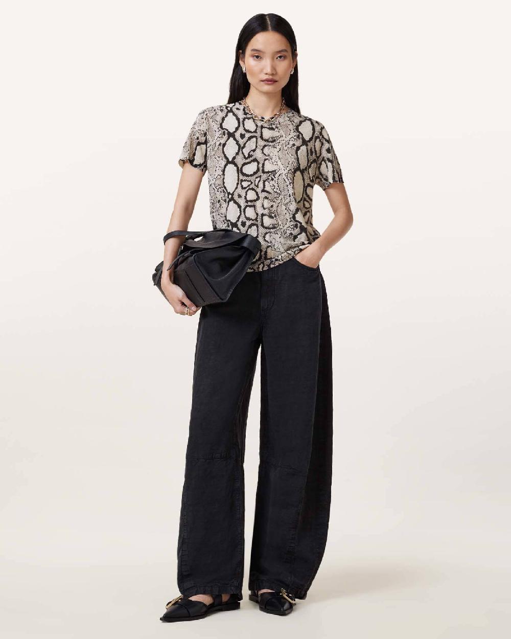 All Saints Anouk Snake Print Merino Wool T-Shirt Flow Ecru White