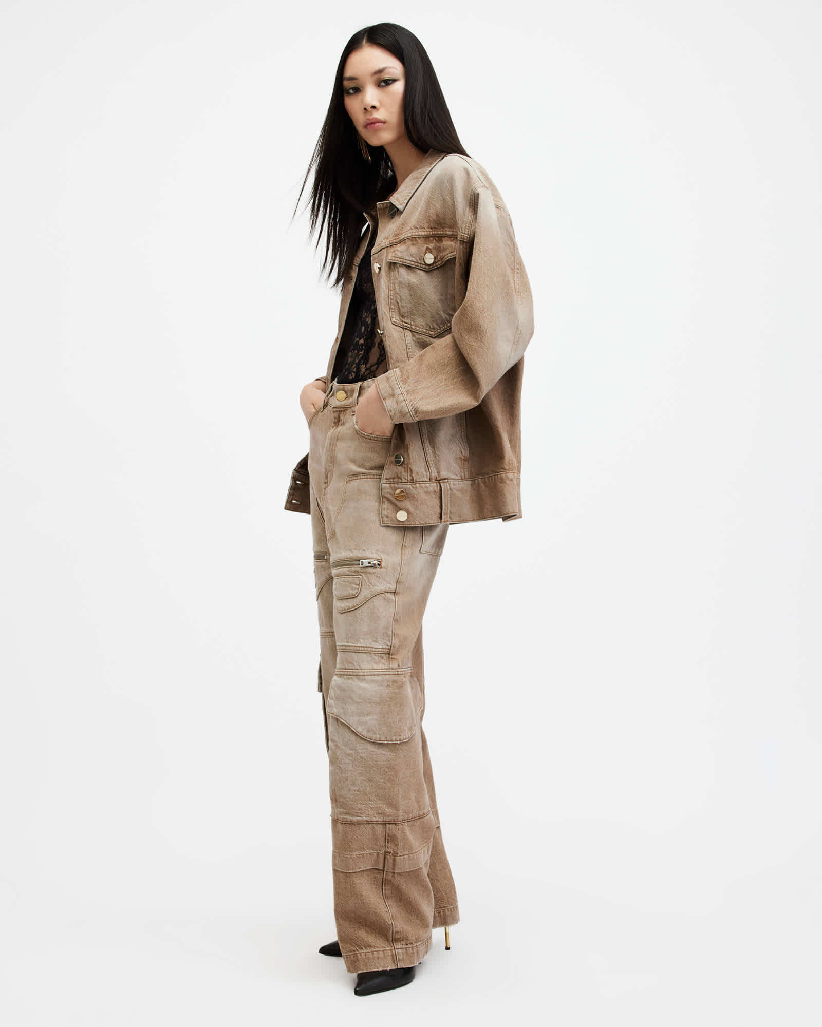 All Saints Archie Wide Leg Denim Cargo Jeans Light Brown