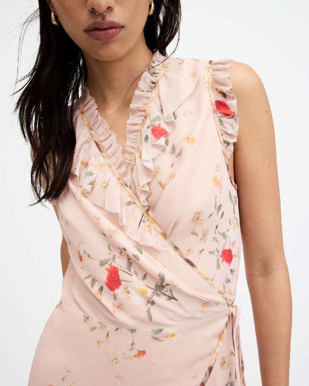 All Saints Ari Kora Floral Print Ruffle Mini Dress Dusty Pink
