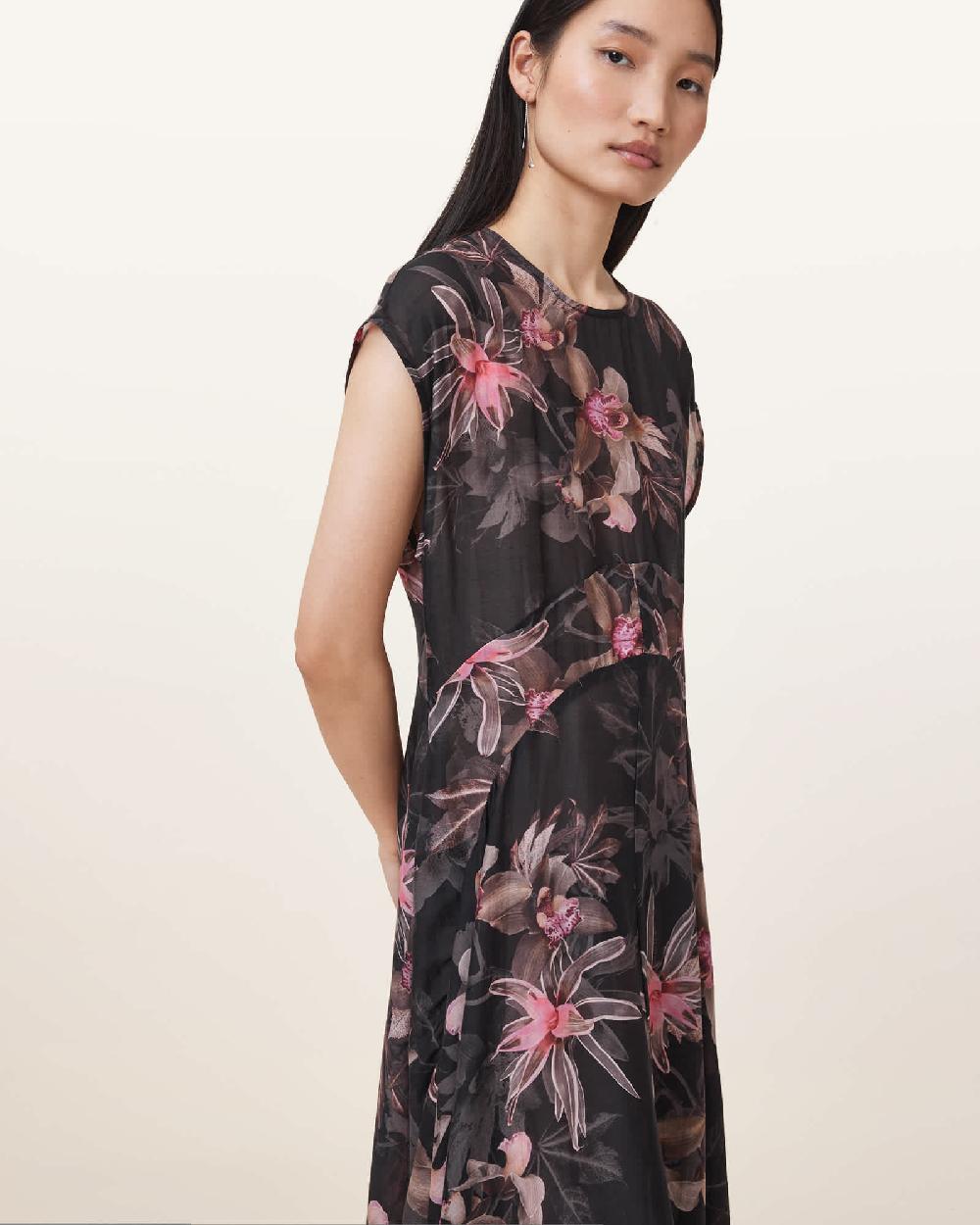 All Saints Arwen Floral Print Maxi Dress Adena Black