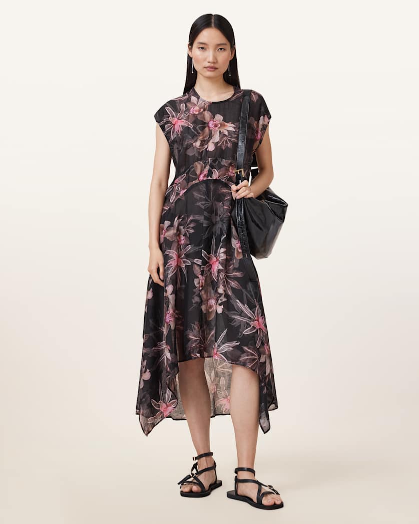 all saints Arwen Floral Print Maxi Dress Adena Black